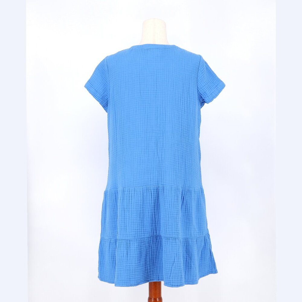 NWT J.JILL Cotton-Gauze Tiered Dress Front Button Short Sleeve in Cyan Blue MP - Picture 6 of 9